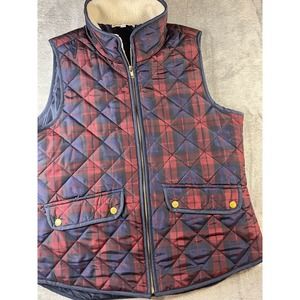 Telluride Plaid Quilted Vest Fleece Collar Sleeveless Jacket Burgundy Blue Large